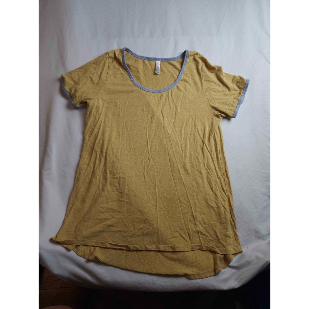 LuLaRoe Tee Shirt Womens Size XL Mustard Yellow Knit Ringer Scoop Neck Casual
